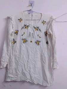 White Floral Embroidered Top,used
