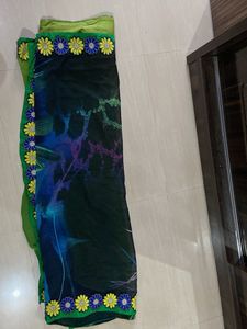 Floral Trim Green &amp; Blue Saree