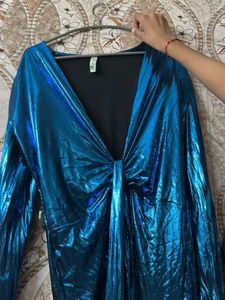 Dark Blue Metallic Plunging Neck Dress