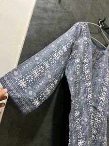 Grey Printed Kurta With Embroidery