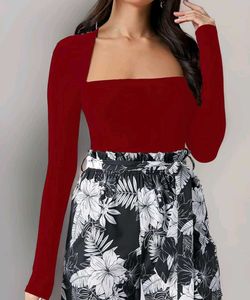 Burgundy Square Neck Long Sleeve Top