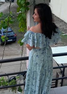 Floral Off-Shoulder Crop Top And Slit Skirt