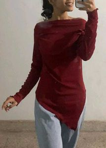 Burgundy One-Shoulder Long Sleeve Top
