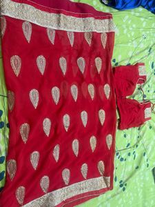 Bridal red saree With Stitched Blouse