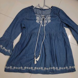 Denim Blue Embroidered Tunic Top
