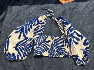 Blue & White Leaf Print Crop Top
