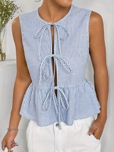 Striped Bow Tie Up Ruffle Top