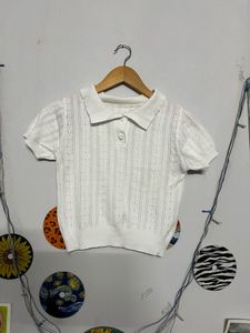 Cute White Knit Polo Top