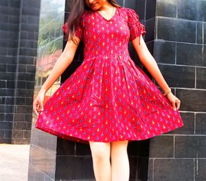 Cotton Short Dress With Adjustable Puffy Sleeve