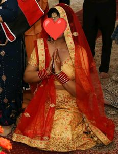 Beautiful Mustard Lehenga With Red Chunni