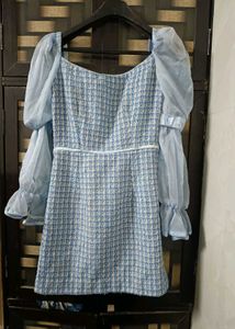 Blue Tweed Mini Dress Sheer Sleeves