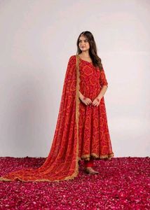 Red Printed anarkali Kurta with dupatta