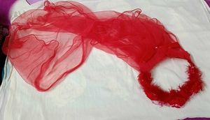 Red Net Hair Veil with Bow and Pearl Accent