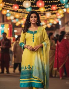 Yellow & Teal Salwar Kameez