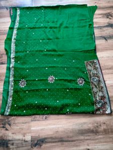 Green heavy party wear  handwork Saree