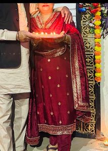 Maroon Velvet Pant Kameez Suit