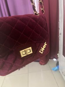 Burgundy Velvet Quilted Chain Bag