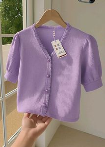 Lilac Ribbed Puff Sleeve Button-Down Top