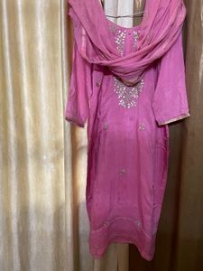 Pink Bead Studded Kurta Set With Plazo And Dupatta