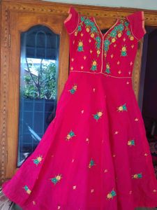 Pink Embroidered frock with pattu duppata