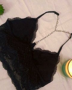 BLACK LACE BRALETTE WITH BEADED BACK