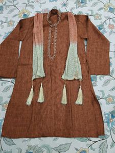 Brown Embroidered Kurta -3 Pice