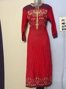Embroidered Pure Cotton Red Kurta