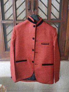 Red Herringbone Blazer - Mandarin Collar