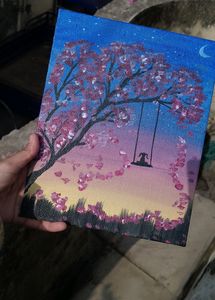 Girl Swing On Tree Night View Canvas Painting