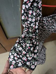 Floral Midi Dress With Slit And Puff Sleeves