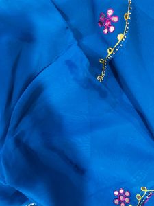 Blue Floral Mirror Work Saree with Blouse