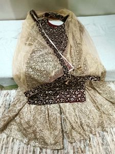 Maroon Velvet Suit With Sharara Party Wear