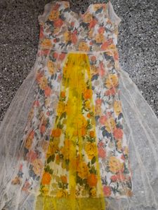 Beautiful Netted Yellow Floral Print Anarkali