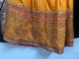 Orange Full Embroidery Round Mirror Lahenga Set