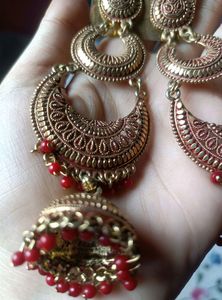 Red &amp; Gold Jhumka Earrings