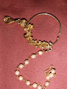 Gold-toned Nose Ring with attached chain + studs