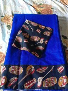 Blue Saree with Kalamkari Print