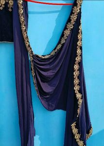 Heavy Party Wear Lahanga Grey And Navy Blue Colour