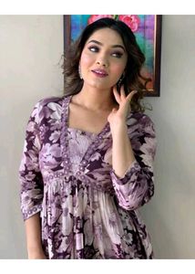 💜🤍 Women Floral Print Alia Cut Dress With Paint