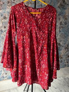 Red Print Bell Sleeve Dress