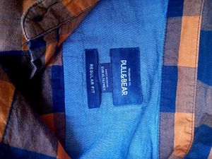 Pull Bear Orange &amp; Blue Plaid Long Sleeve