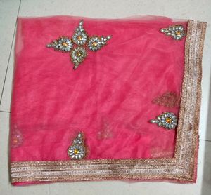 Homemade Net Saree With Flower Designs All Over In Pink