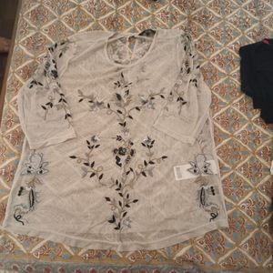 Grey Floral Embroidered net party Top