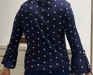 Chic Navy Blue Polka Dot Top with Bell Sleeves