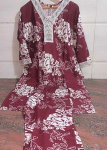 Floral Maroon Kurti Set Xxl