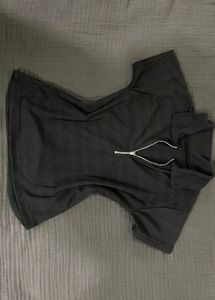 Black Ribbed Collared Zip up Polo Top