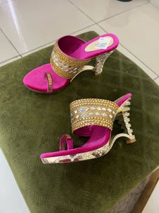 New Pink &amp; Gold Embellished Heels With Sticker