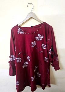 2 XL Maroon Leaf Print Top