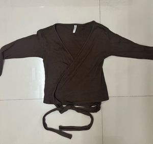 Brown V Neck Wrap Tie Crop Top