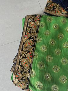 Green &amp; Navy Embellished Sari with Blouse